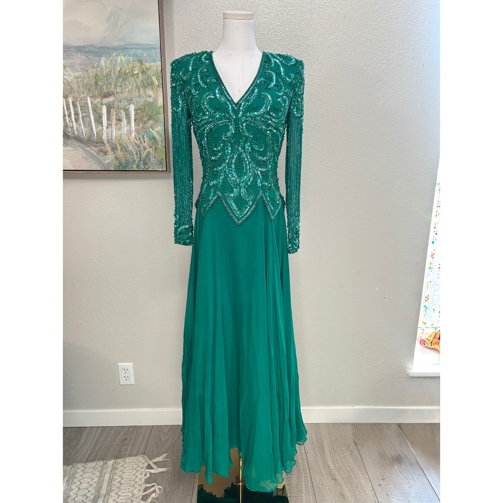 Vintage Scala Emerald Green Silk Beaded Sequin Evening Gown 10